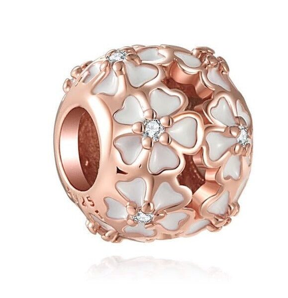 berloque charm white flower  prata 925
