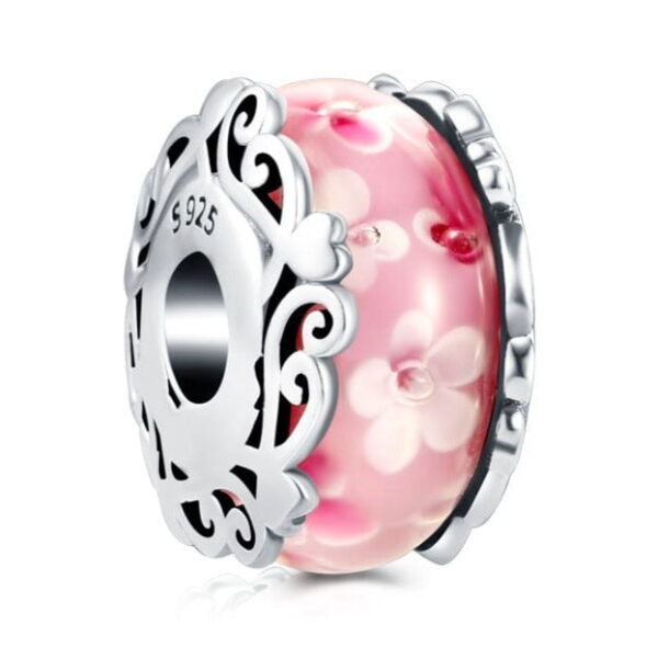 berloque charm murano pink flower  prata 925