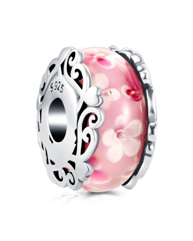 berloque charm murano pink flower  prata 925
