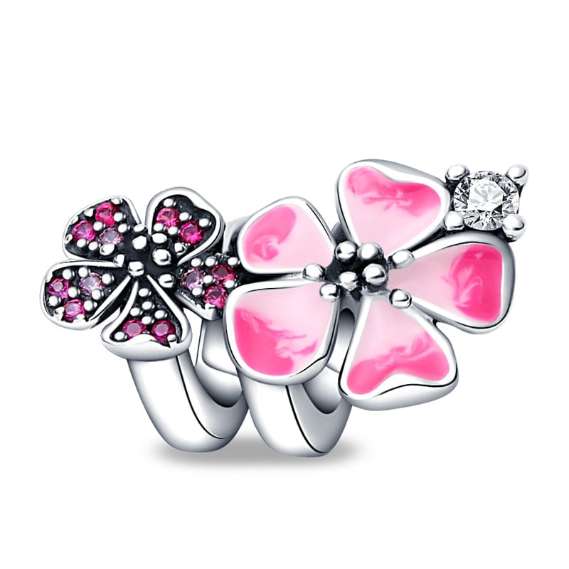 berloque charm pink flower  prata 925