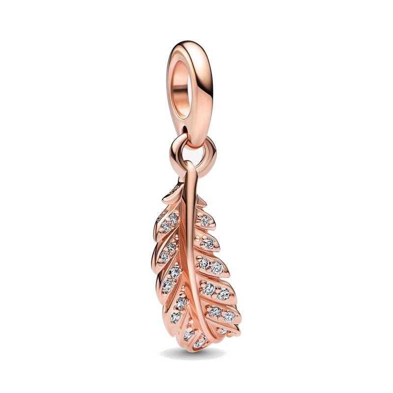 berloque charm feather   prata 925 com banho rose